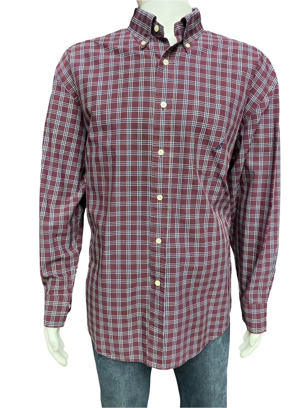 Nautica Men’s XL 80s Two Ply Cotton Plaid Button Down Shirt Burgundy Long Sleeve